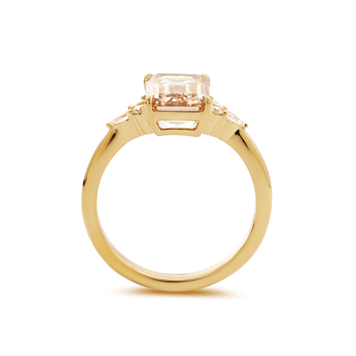 18K Yellow Gold 3.5ct Emerald Cut Brown Lab Diamond Foral Side - stone Ring with Tapered Band - FIORESE JEWELRY