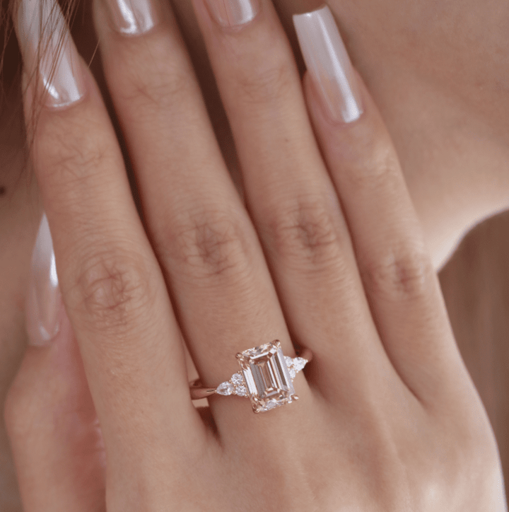 18K Yellow Gold 3.5ct Emerald Cut Brown Lab Diamond Foral Side - stone Ring with Tapered Band - FIORESE JEWELRY