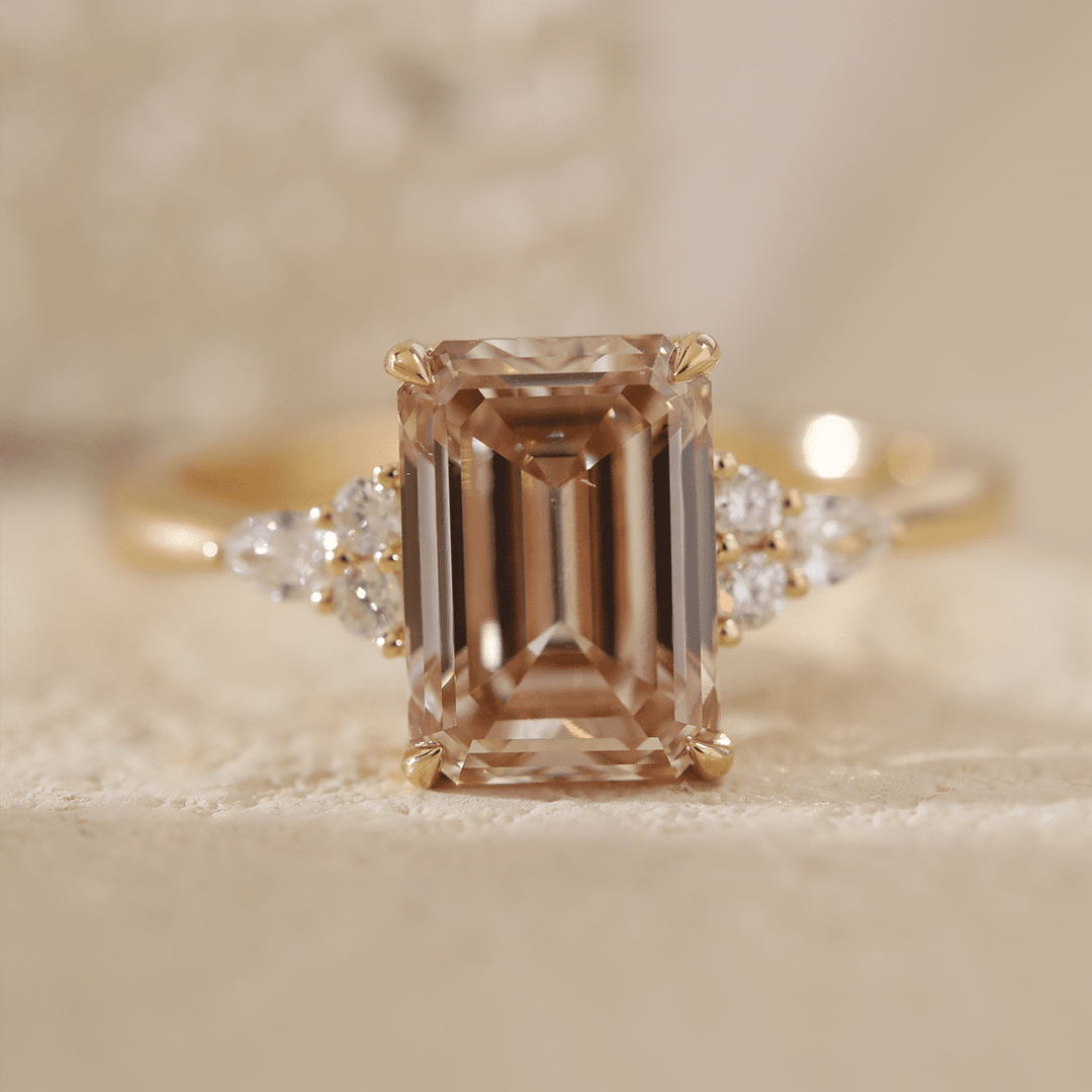 18K Yellow Gold 3.5ct Emerald Cut Brown Lab Diamond Foral Side - stone Ring with Tapered Band - FIORESE JEWELRY