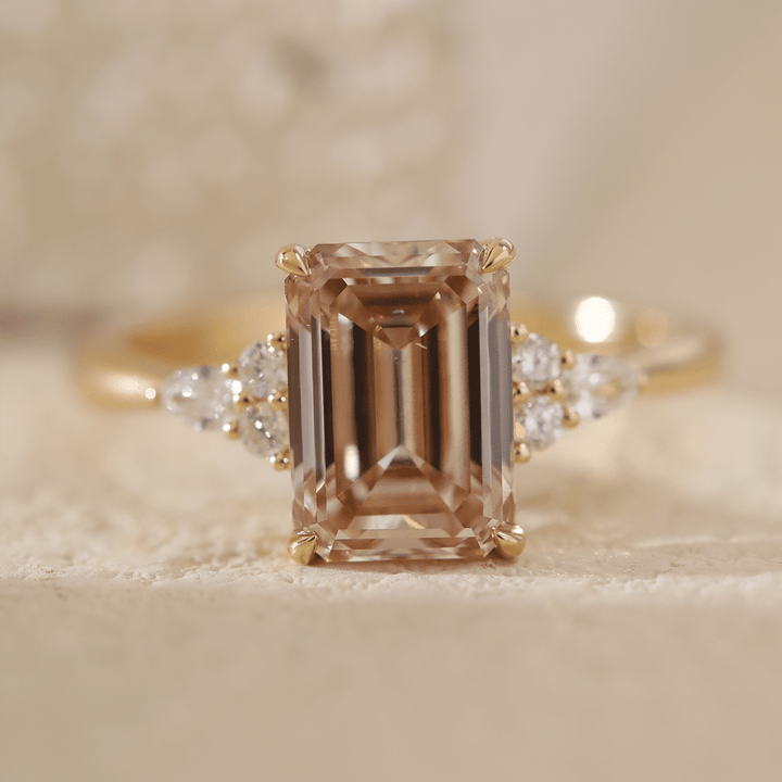 18K Yellow Gold 3.5ct Emerald Cut Brown Lab Diamond Foral Side - stone Ring with Tapered Band - FIORESE JEWELRY