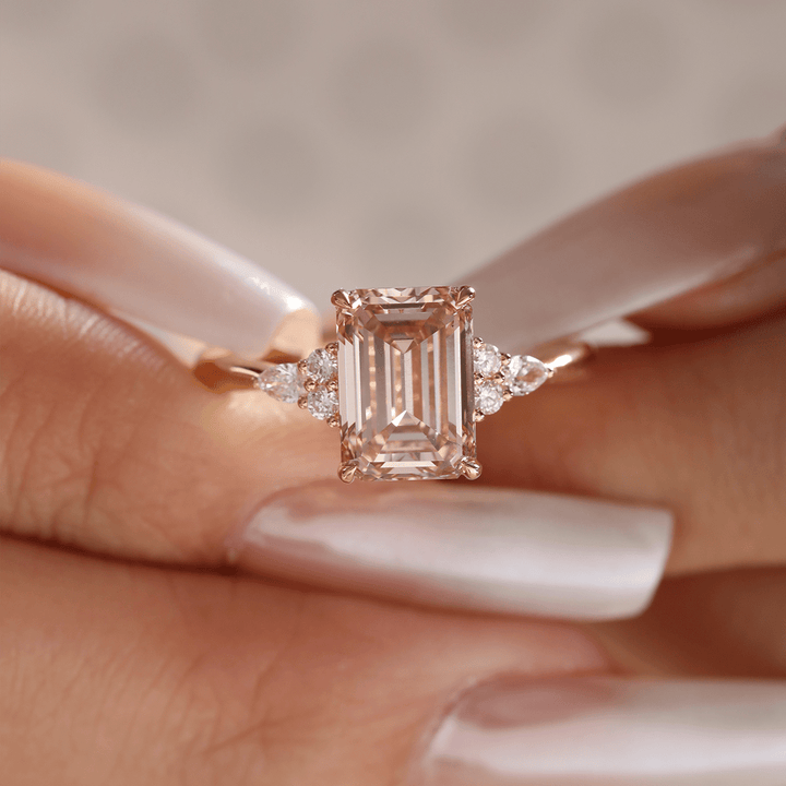 18K Yellow Gold 3.5ct Emerald Cut Brown Lab Diamond Foral Side - stone Ring with Tapered Band - FIORESE JEWELRY