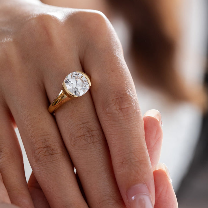 18K Yellow Gold 3.5ct Old Mine Cut Lab Diamond Half Bezel Statement Ring with Hidden Round Lab Emerald Wave Pave - FIORESE JEWELRY