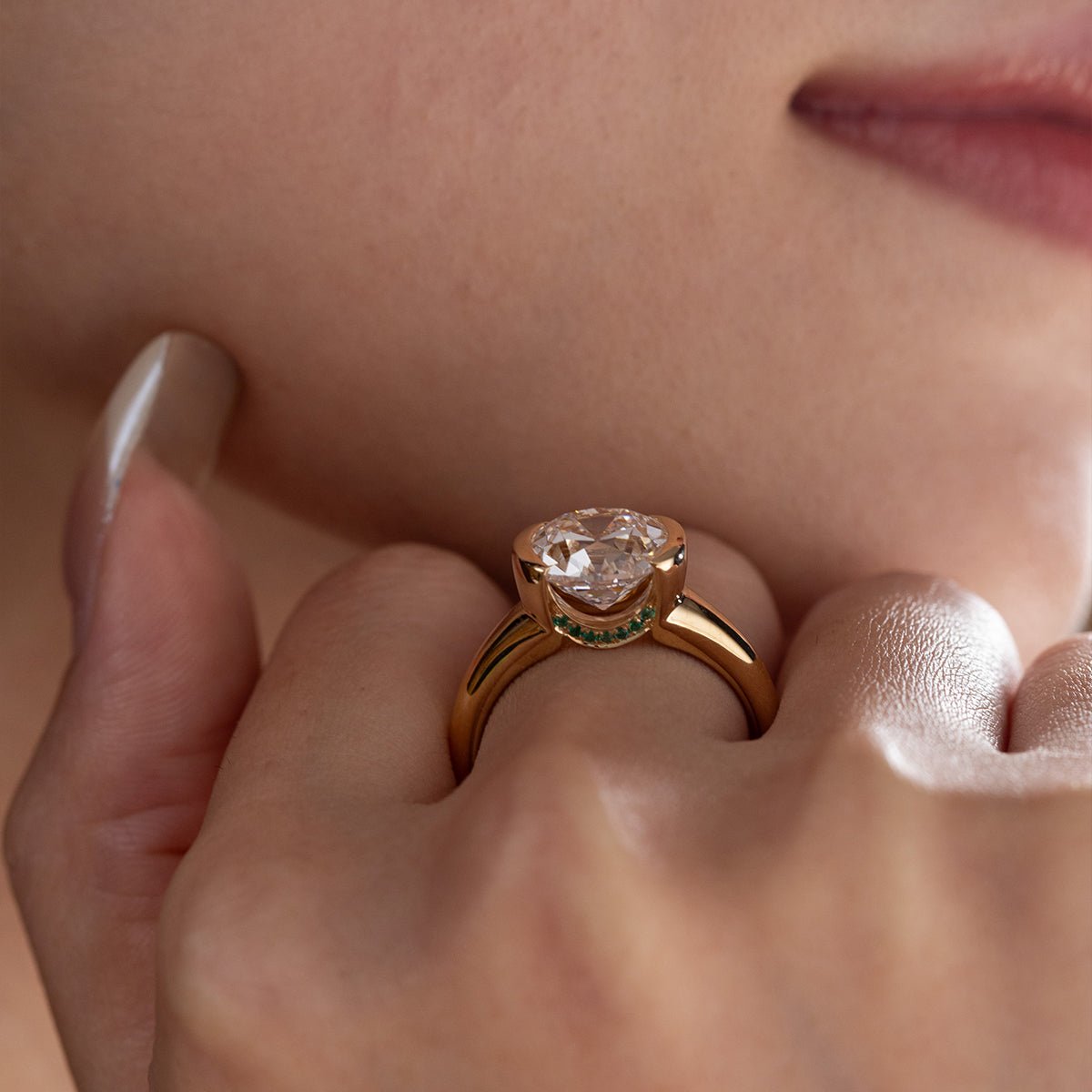 18K Yellow Gold 3.5ct Old Mine Cut Lab Diamond Half Bezel Statement Ring with Hidden Round Lab Emerald Wave Pave