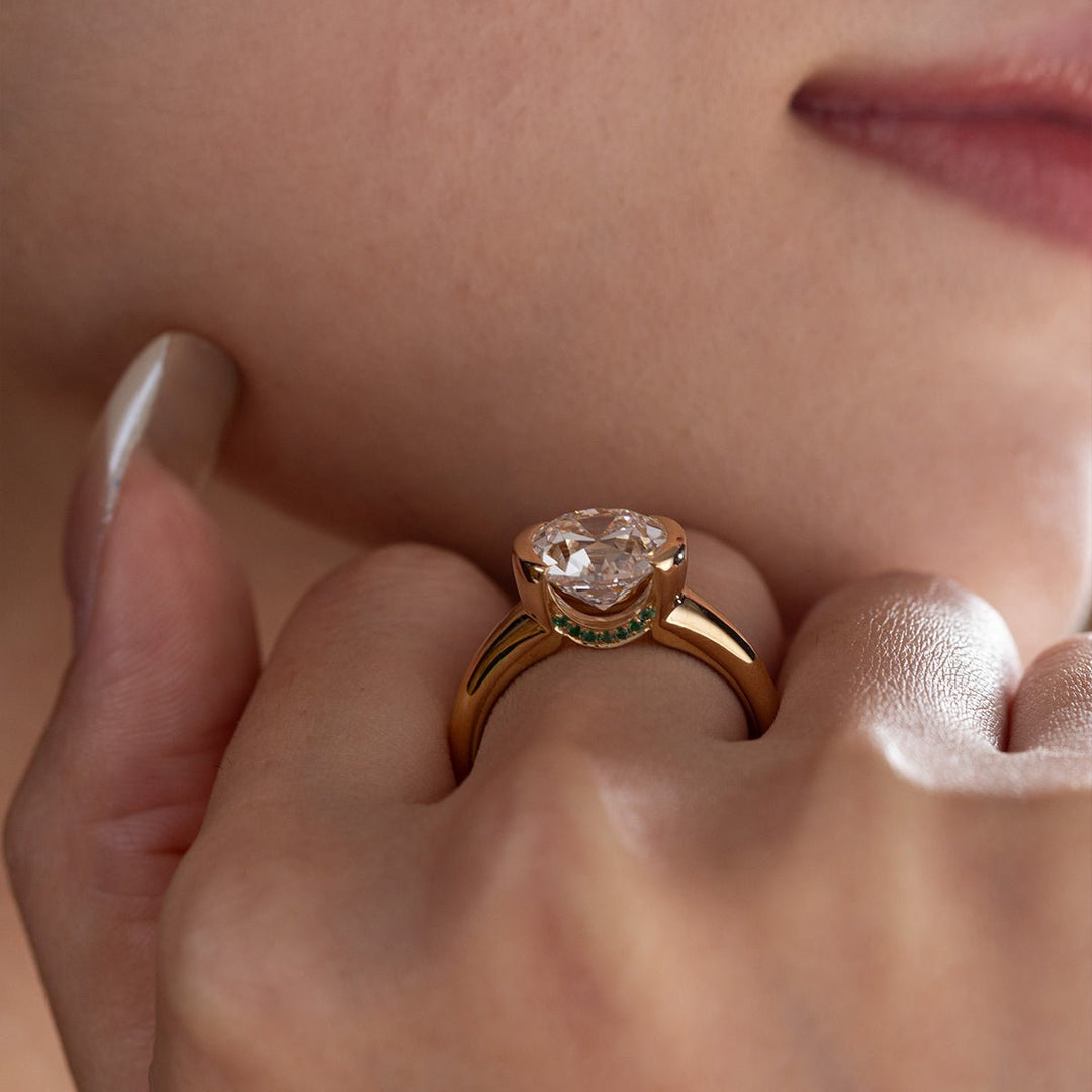 18K Yellow Gold 3.5ct Old Mine Cut Lab Diamond Half Bezel Statement Ring with Hidden Round Lab Emerald Wave Pave - FIORESE JEWELRY