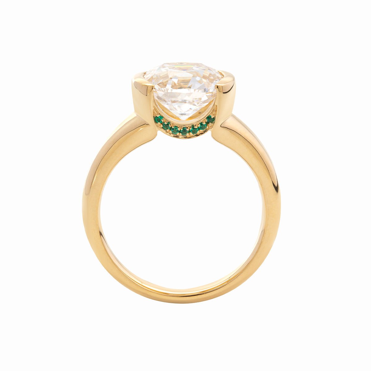 18K Yellow Gold 3.5ct Old Mine Cut Lab Diamond Half Bezel Statement Ring with Hidden Round Lab Emerald Wave Pave