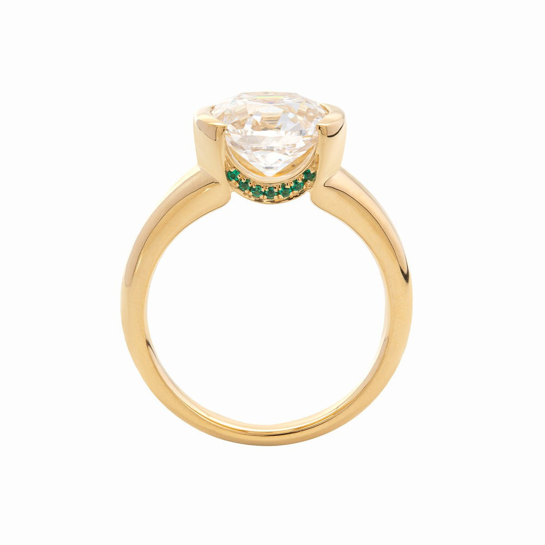 18K Yellow Gold 3.5ct Old Mine Cut Lab Diamond Half Bezel Statement Ring with Hidden Round Lab Emerald Wave Pave - FIORESE JEWELRY