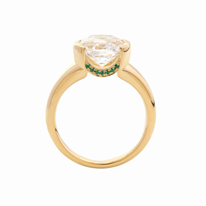 18K Yellow Gold 3.5ct Old Mine Cut Lab Diamond Half Bezel Statement Ring with Hidden Round Lab Emerald Wave Pave - FIORESE JEWELRY