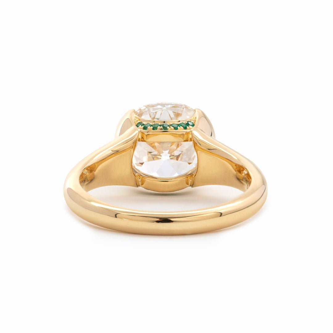 18K Yellow Gold 3.5ct Old Mine Cut Lab Diamond Half Bezel Statement Ring with Hidden Round Lab Emerald Wave Pave - FIORESE JEWELRY