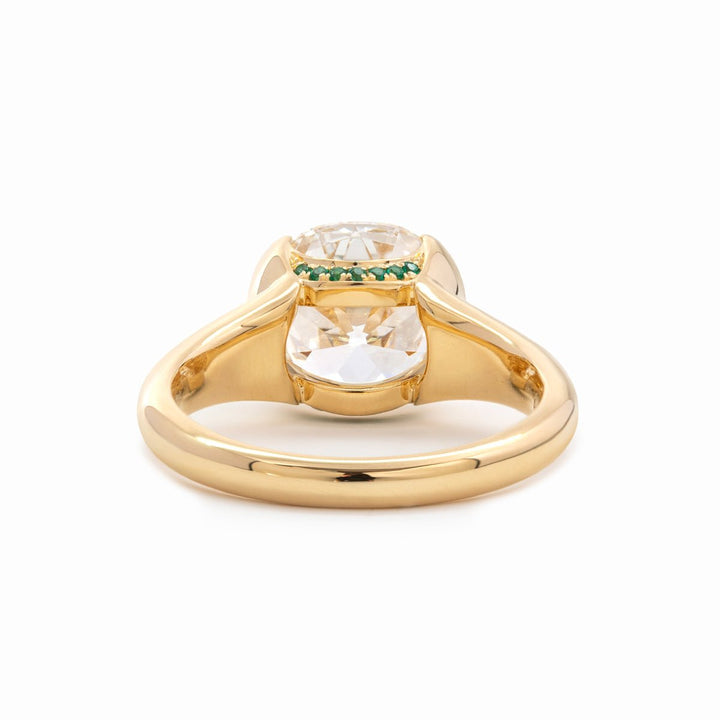 18K Yellow Gold 3.5ct Old Mine Cut Lab Diamond Half Bezel Statement Ring with Hidden Round Lab Emerald Wave Pave - FIORESE JEWELRY