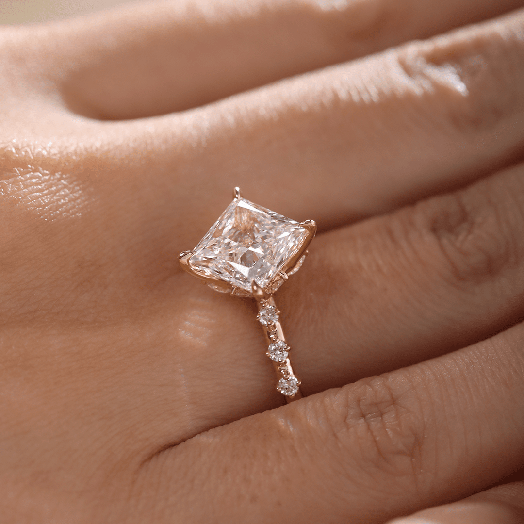 18K Yellow Gold 3.5ct Princess Cut Lab Diamond Vintage Ring with Marquise Cut and Round Lab Diamond Side - stones - FIORESE JEWELRY