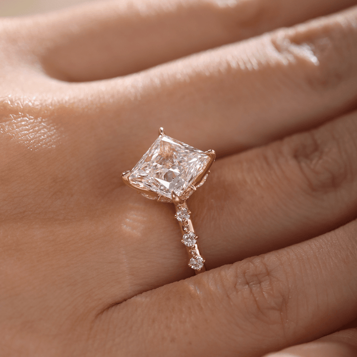 18K Yellow Gold 3.5ct Princess Cut Lab Diamond Vintage Ring with Marquise Cut and Round Lab Diamond Side - stones - FIORESE JEWELRY