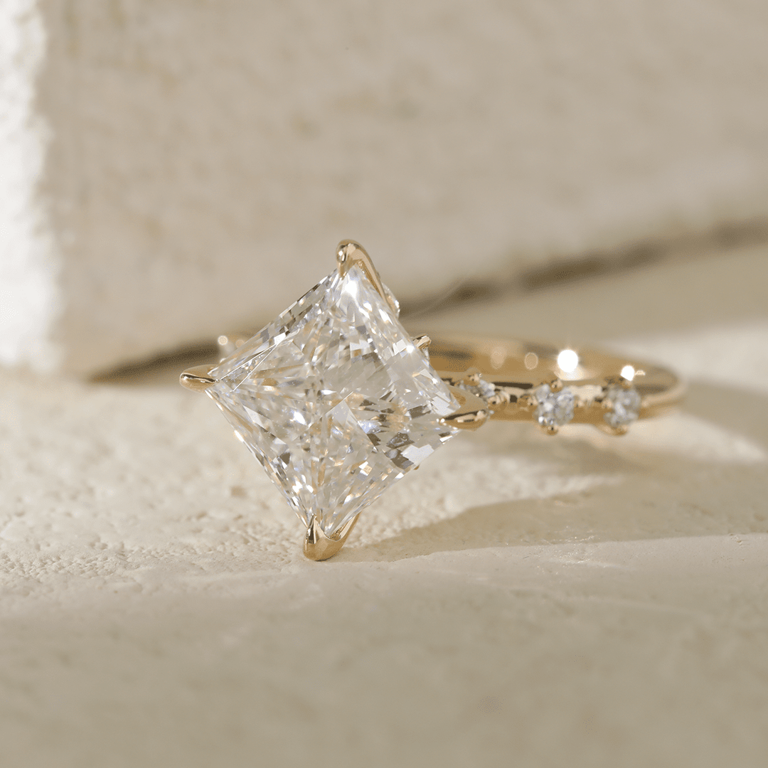 18K Yellow Gold 3.5ct Princess Cut Lab Diamond Vintage Ring with Marquise Cut and Round Lab Diamond Side - stones - FIORESE JEWELRY