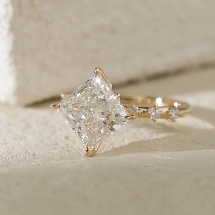 18K Yellow Gold 3.5ct Princess Cut Lab Diamond Vintage Ring with Marquise Cut and Round Lab Diamond Side - stones - FIORESE JEWELRY