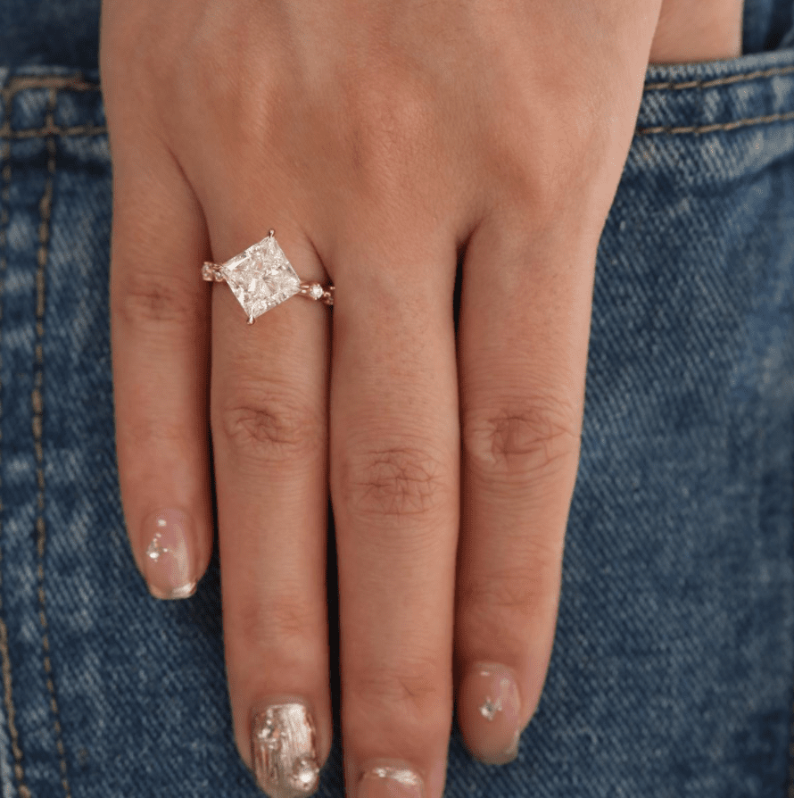 18K Yellow Gold 3.5ct Princess Cut Lab Diamond Vintage Ring with Marquise Cut and Round Lab Diamond Side - stones - FIORESE JEWELRY