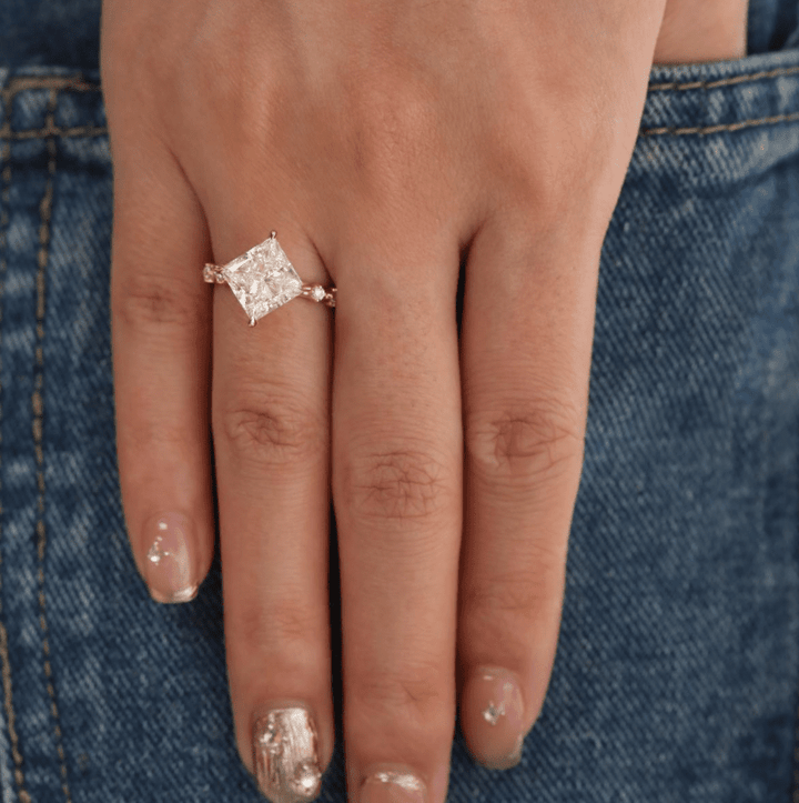 18K Yellow Gold 3.5ct Princess Cut Lab Diamond Vintage Ring with Marquise Cut and Round Lab Diamond Side - stones - FIORESE JEWELRY