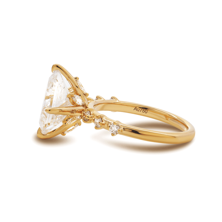 18K Yellow Gold 3.5ct Princess Cut Lab Diamond Vintage Ring with Marquise Cut and Round Lab Diamond Side - stones - FIORESE JEWELRY