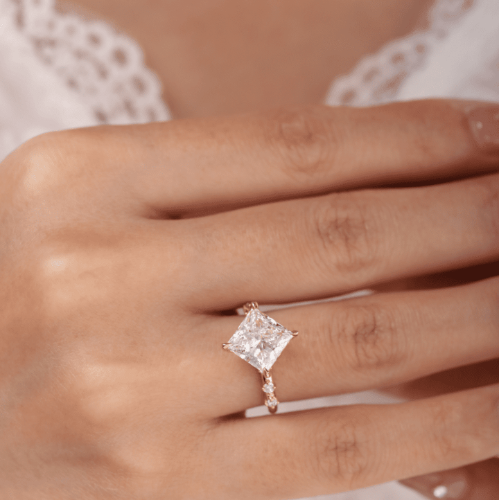 18K Yellow Gold 3.5ct Princess Cut Lab Diamond Vintage Ring with Marquise Cut and Round Lab Diamond Side - stones - FIORESE JEWELRY