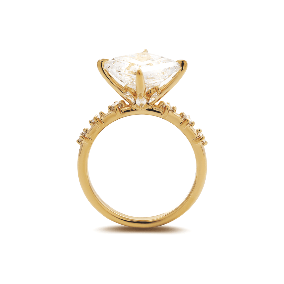 18K Yellow Gold 3.5ct Princess Cut Lab Diamond Vintage Ring with Marquise Cut and Round Lab Diamond Side - stones - FIORESE JEWELRY