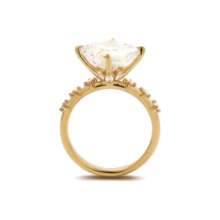 18K Yellow Gold 3.5ct Princess Cut Lab Diamond Vintage Ring with Marquise Cut and Round Lab Diamond Side - stones - FIORESE JEWELRY