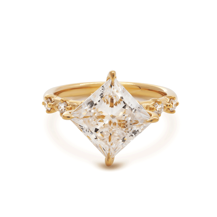 18K Yellow Gold 3.5ct Princess Cut Lab Diamond Vintage Ring with Marquise Cut and Round Lab Diamond Side - stones - FIORESE JEWELRY