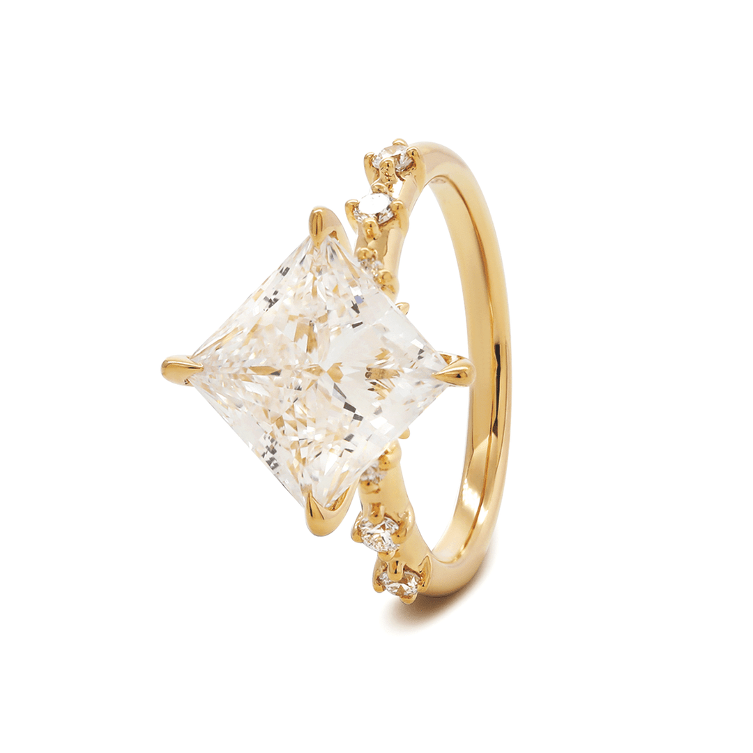 18K Yellow Gold 3.5ct Princess Cut Lab Diamond Vintage Ring with Marquise Cut and Round Lab Diamond Side - stones - FIORESE JEWELRY