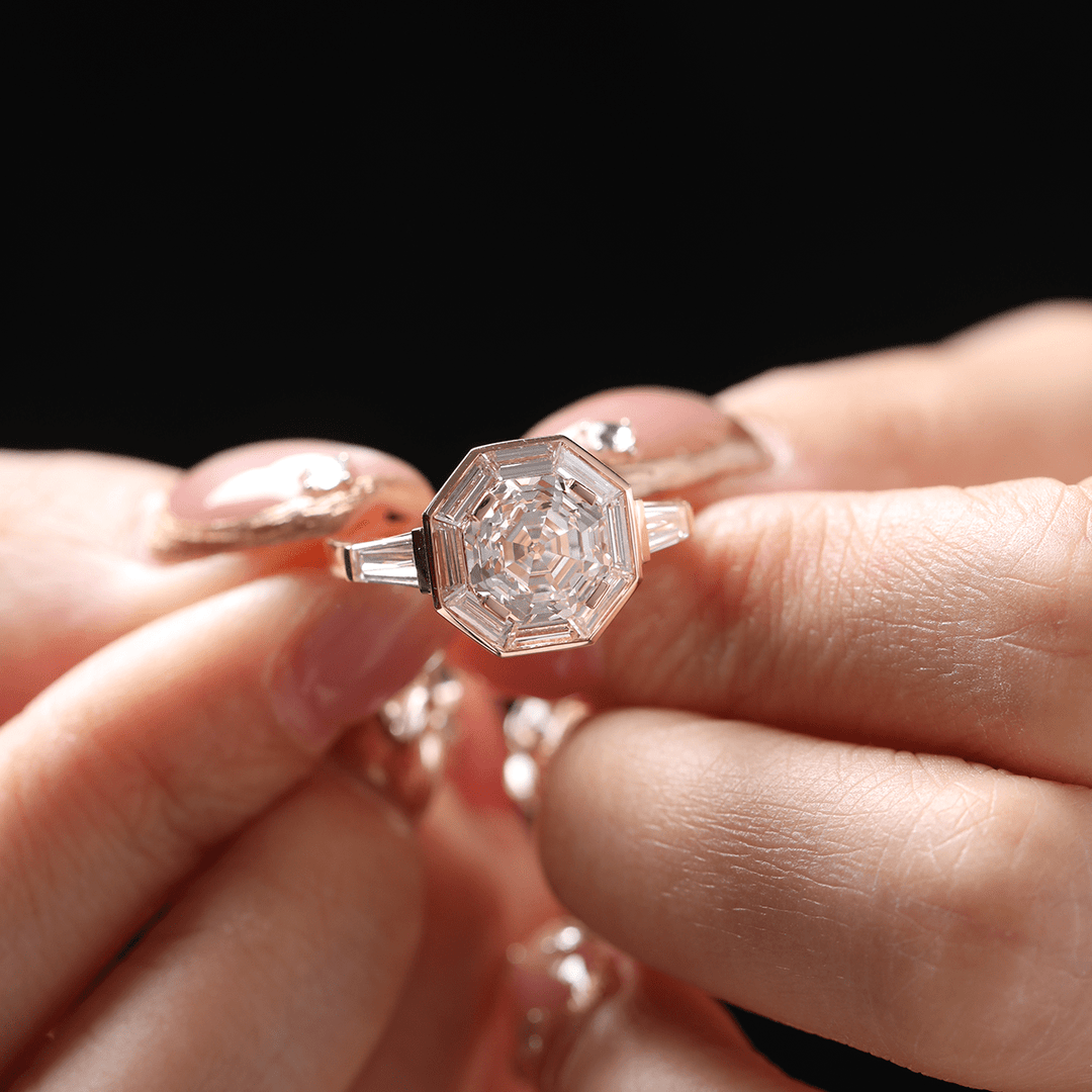 18K Yellow Gold 3ct Antique Bagua - shaped Step Cut Lab Diamond Ring with Tapered Step Cut Lab Diamond Halo and Two Tapered Baguette Cut Side - stone - FIORESE JEWELRY