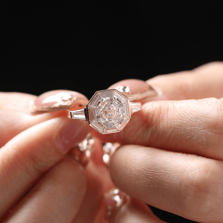 18K Yellow Gold 3ct Antique Bagua - shaped Step Cut Lab Diamond Ring with Tapered Step Cut Lab Diamond Halo and Two Tapered Baguette Cut Side - stone - FIORESE JEWELRY