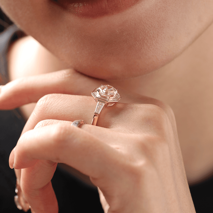 18K Yellow Gold 3ct Antique Bagua - shaped Step Cut Lab Diamond Ring with Tapered Step Cut Lab Diamond Halo and Two Tapered Baguette Cut Side - stone - FIORESE JEWELRY