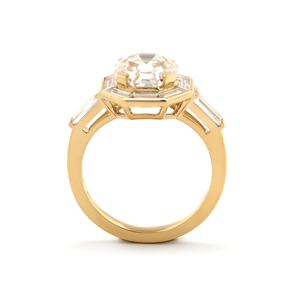 18K Yellow Gold 3ct Antique Bagua - shaped Step Cut Lab Diamond Ring with Tapered Step Cut Lab Diamond Halo and Two Tapered Baguette Cut Side - stone - FIORESE JEWELRY