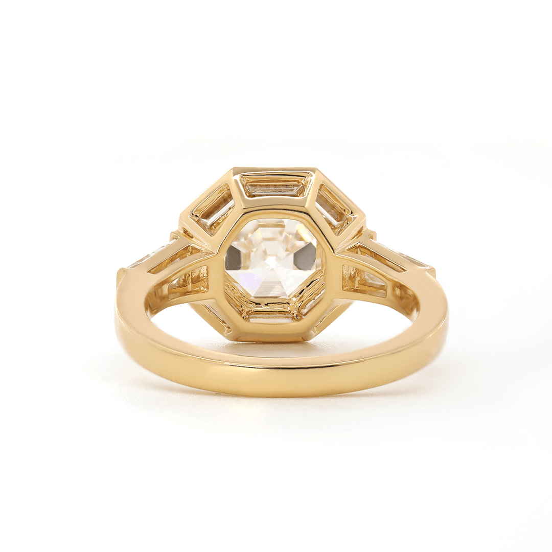 18K Yellow Gold 3ct Antique Bagua - shaped Step Cut Lab Diamond Ring with Tapered Step Cut Lab Diamond Halo and Two Tapered Baguette Cut Side - stone - FIORESE JEWELRY