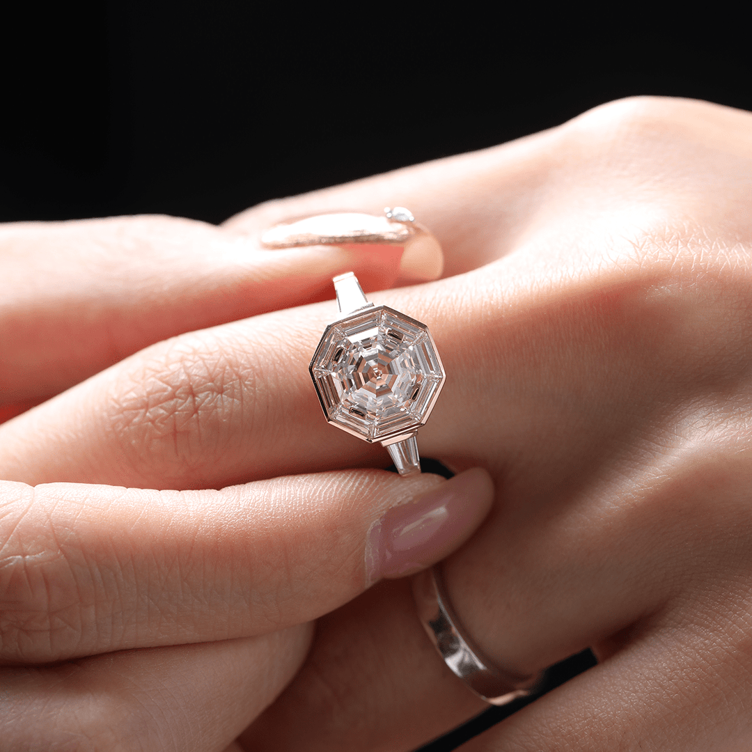 18K Yellow Gold 3ct Antique Bagua - shaped Step Cut Lab Diamond Ring with Tapered Step Cut Lab Diamond Halo and Two Tapered Baguette Cut Side - stone - FIORESE JEWELRY
