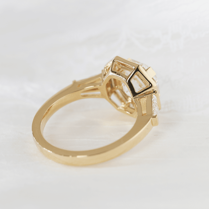 18K Yellow Gold 3ct Antique Bagua - shaped Step Cut Lab Diamond Ring with Tapered Step Cut Lab Diamond Halo and Two Tapered Baguette Cut Side - stone - FIORESE JEWELRY
