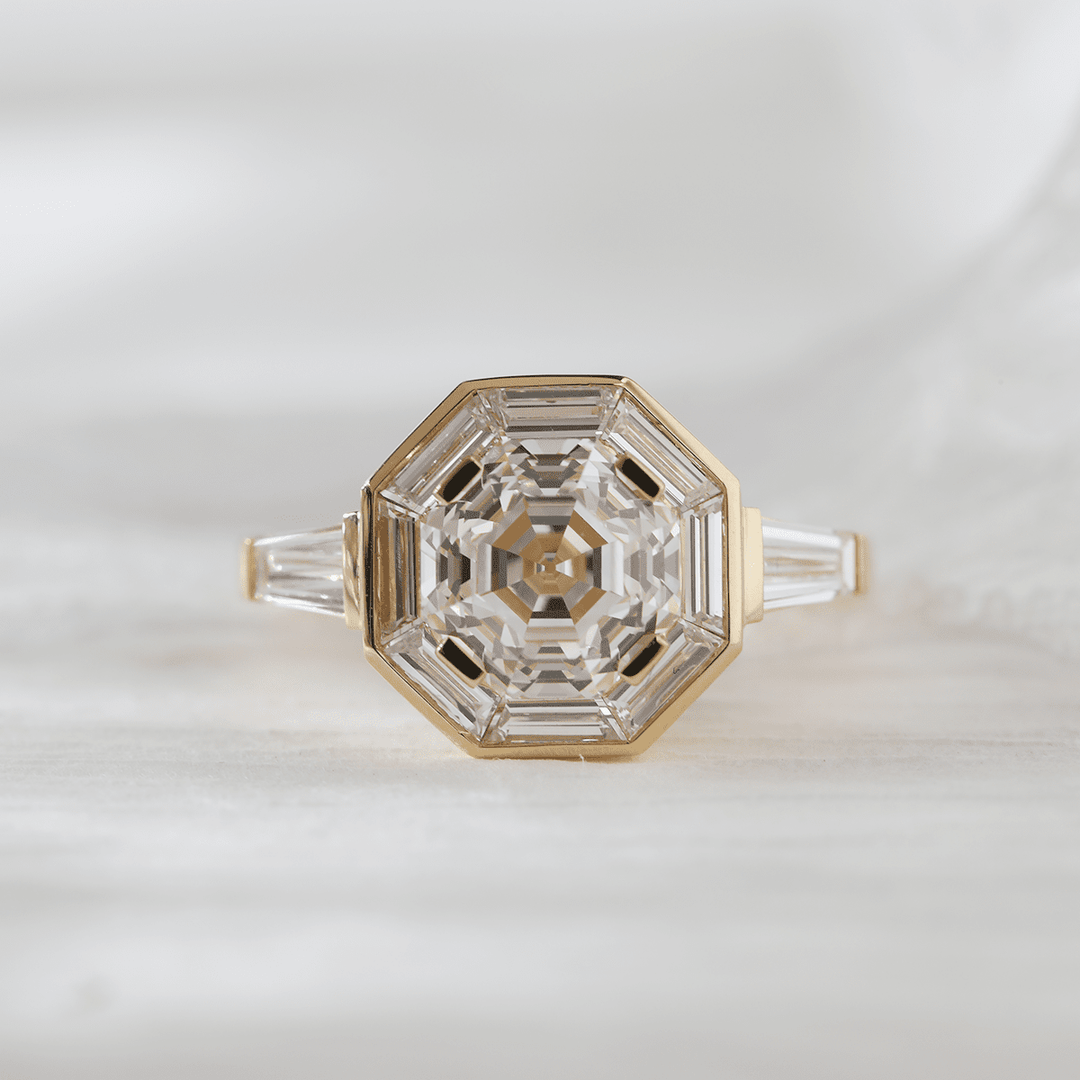 18K Yellow Gold 3ct Antique Bagua - shaped Step Cut Lab Diamond Ring with Tapered Step Cut Lab Diamond Halo and Two Tapered Baguette Cut Side - stone - FIORESE JEWELRY