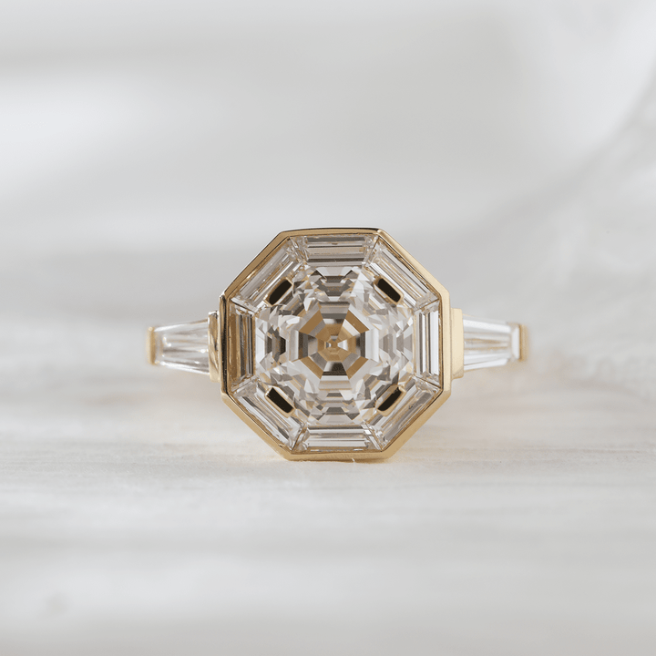 18K Yellow Gold 3ct Antique Bagua - shaped Step Cut Lab Diamond Ring with Tapered Step Cut Lab Diamond Halo and Two Tapered Baguette Cut Side - stone - FIORESE JEWELRY