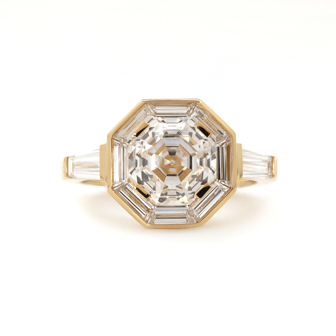 18K Yellow Gold 3ct Antique Bagua - shaped Step Cut Lab Diamond Ring with Tapered Step Cut Lab Diamond Halo and Two Tapered Baguette Cut Side - stone - FIORESE JEWELRY