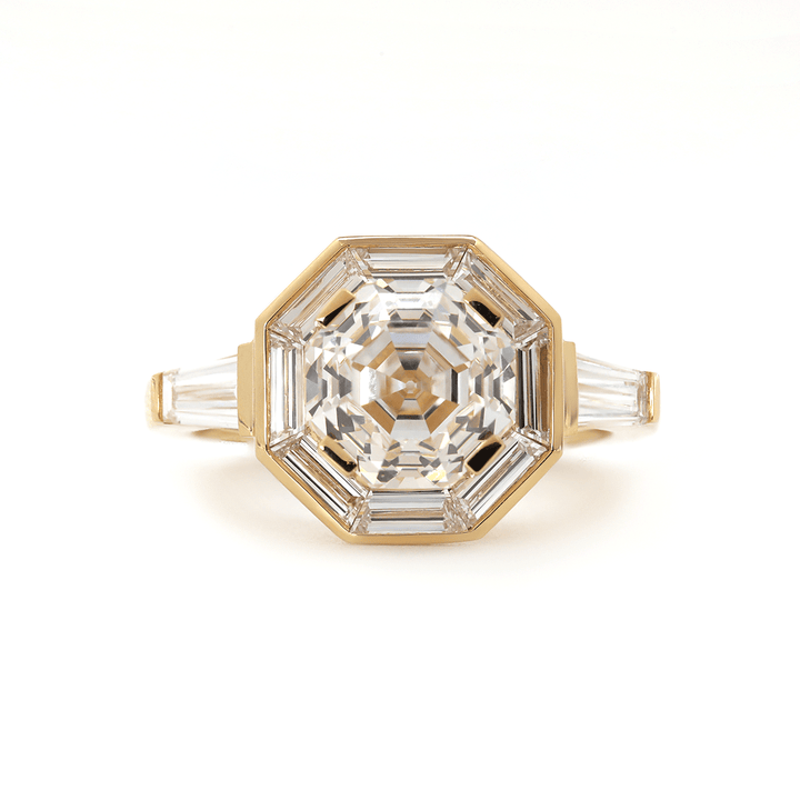 18K Yellow Gold 3ct Antique Bagua - shaped Step Cut Lab Diamond Ring with Tapered Step Cut Lab Diamond Halo and Two Tapered Baguette Cut Side - stone - FIORESE JEWELRY