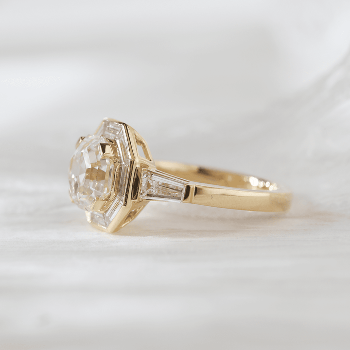 18K Yellow Gold 3ct Antique Bagua - shaped Step Cut Lab Diamond Ring with Tapered Step Cut Lab Diamond Halo and Two Tapered Baguette Cut Side - stone - FIORESE JEWELRY