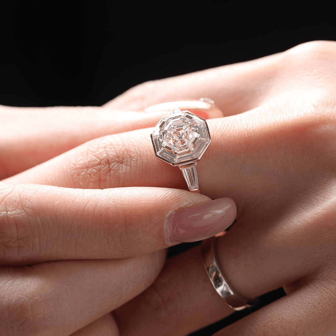 18K Yellow Gold 3ct Antique Bagua - shaped Step Cut Lab Diamond Ring with Tapered Step Cut Lab Diamond Halo and Two Tapered Baguette Cut Side - stone - FIORESE JEWELRY