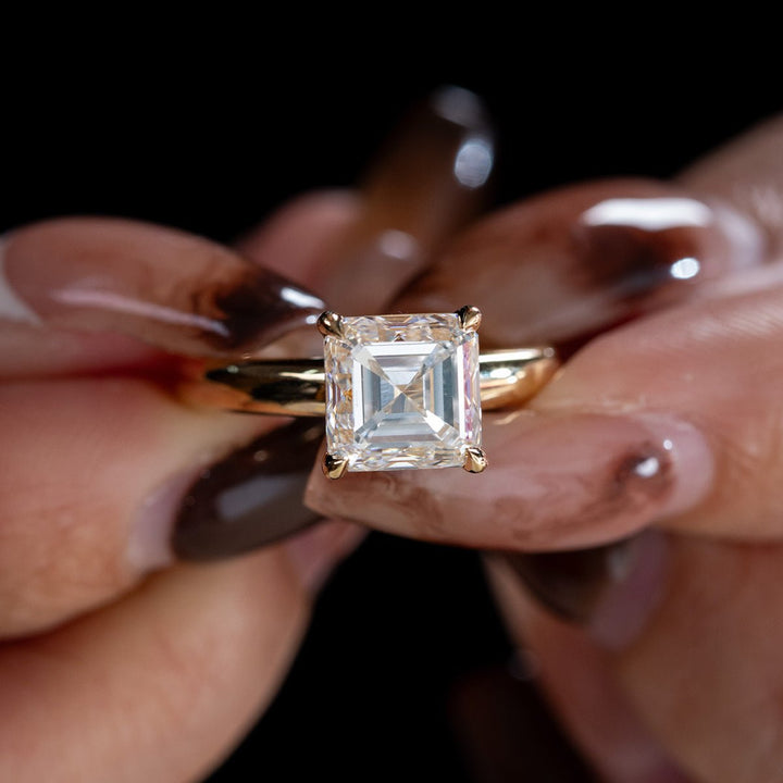 18k Yellow Gold 3ct Asscher Cut Lab Diamond 4 Claw Prong Basket Setting Ring - FIORESE JEWELRY