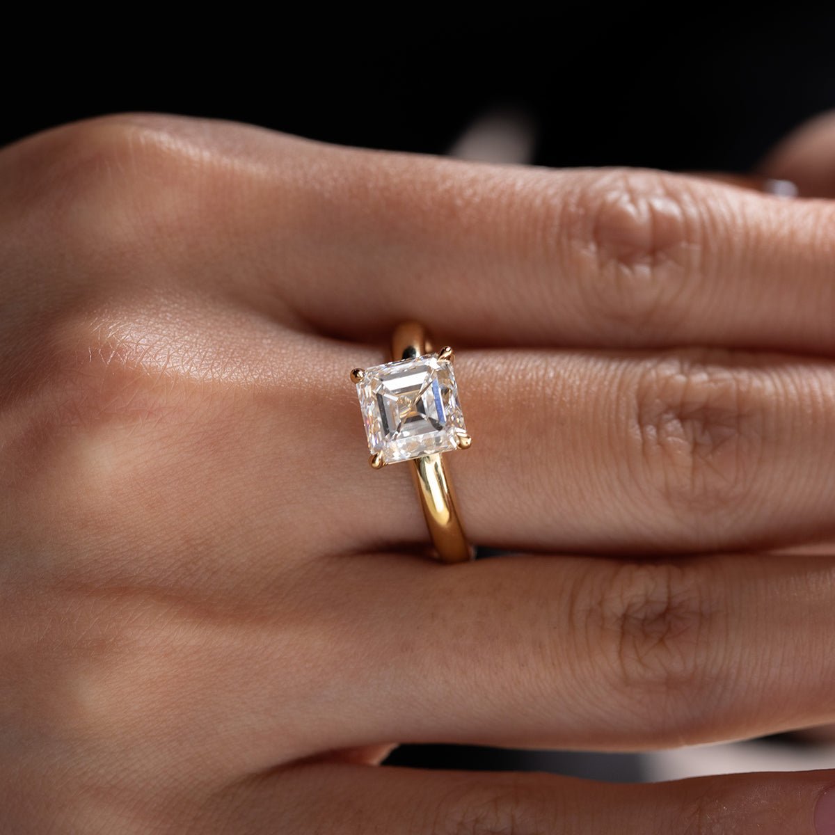 18k Yellow Gold 3ct Asscher Cut Lab Diamond 4 Claw Prong Basket Setting Ring - FIORESE JEWELRY