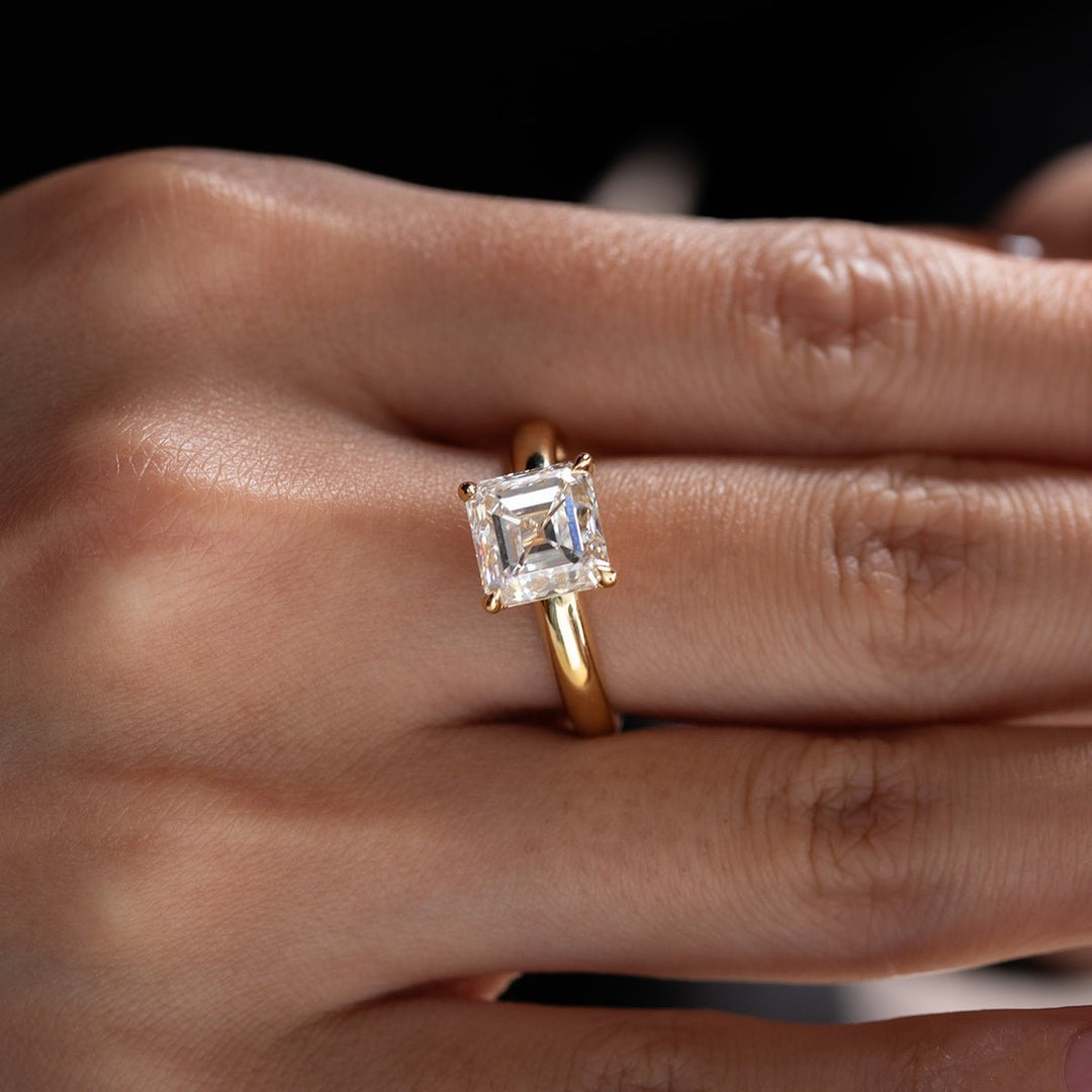 18k Yellow Gold 3ct Asscher Cut Lab Diamond 4 Claw Prong Basket Setting Ring - FIORESE JEWELRY
