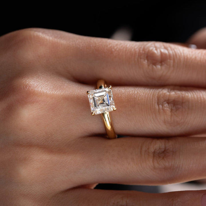18k Yellow Gold 3ct Asscher Cut Lab Diamond 4 Claw Prong Basket Setting Ring - FIORESE JEWELRY