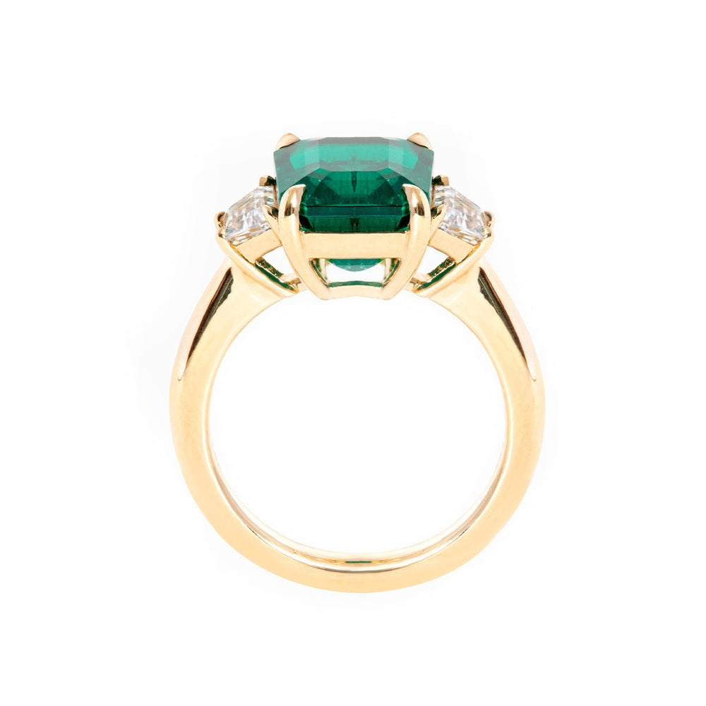18K Yellow Gold 3ct Lab Emerald Three - stone Ring with Step Cut Trapezoid Lab Diamond Side - stones - FIORESE JEWELRY