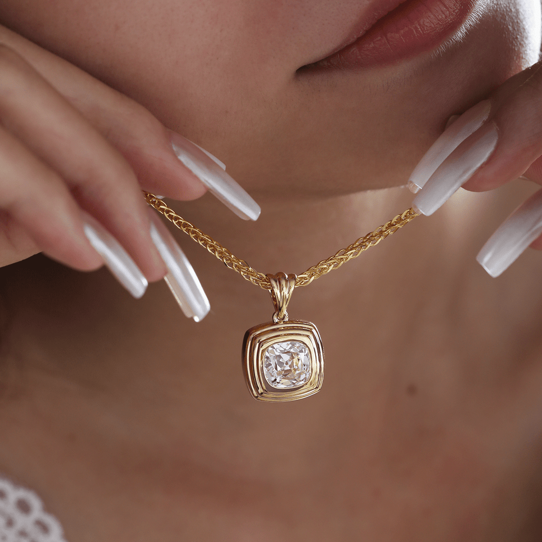 18K Yellow Gold 4ct Old Mine Cut Lab Diamond Flat - topped Stepped Pyramid Pendant Necklace - FIORESE JEWELRY