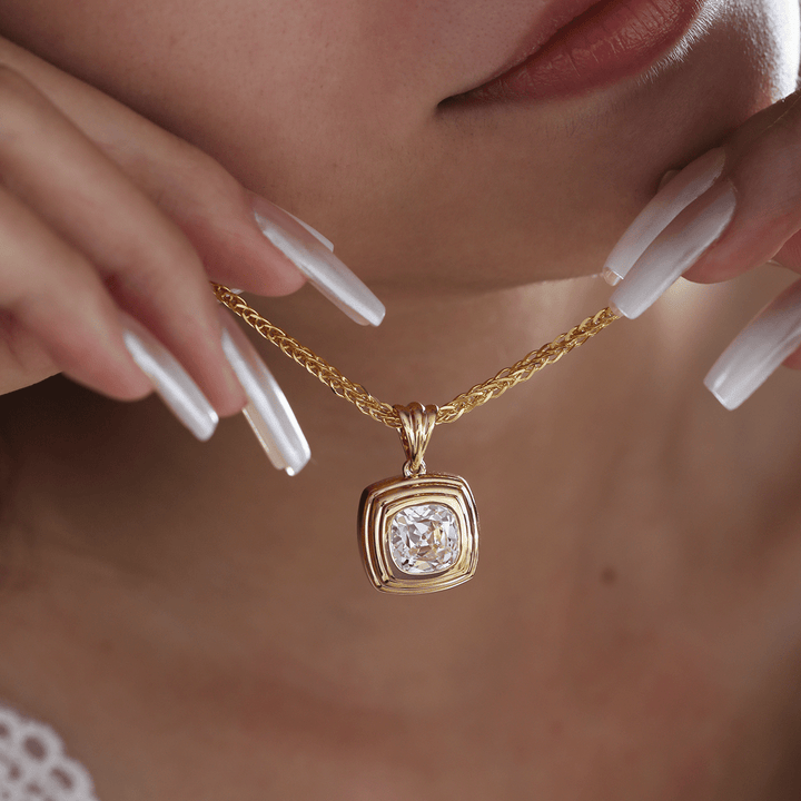 18K Yellow Gold 4ct Old Mine Cut Lab Diamond Flat - topped Stepped Pyramid Pendant Necklace - FIORESE JEWELRY