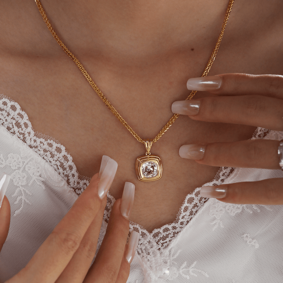 18K Yellow Gold 4ct Old Mine Cut Lab Diamond Flat - topped Stepped Pyramid Pendant Necklace - FIORESE JEWELRY