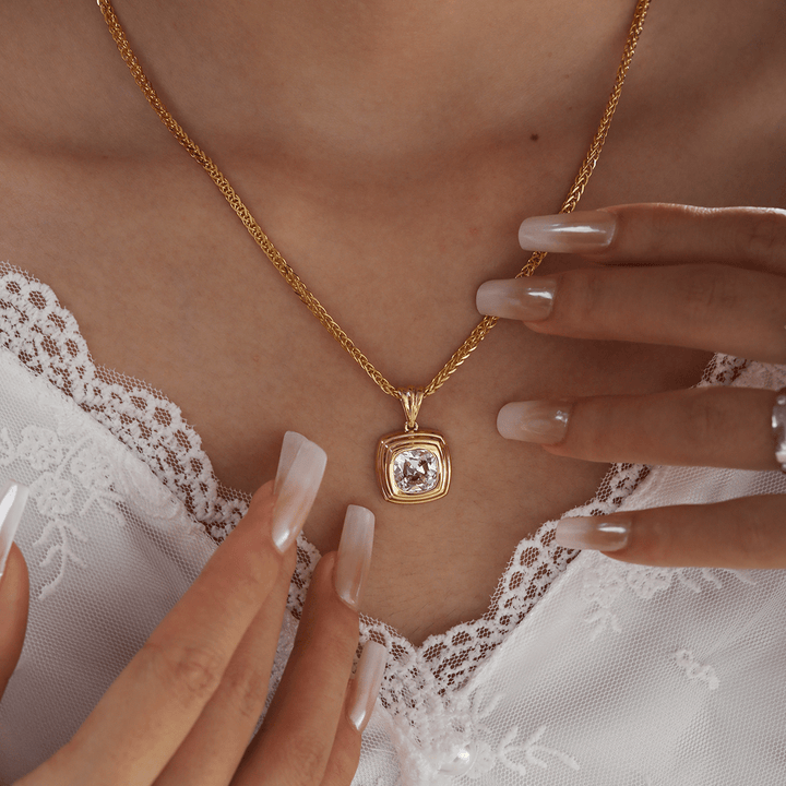 18K Yellow Gold 4ct Old Mine Cut Lab Diamond Flat - topped Stepped Pyramid Pendant Necklace - FIORESE JEWELRY