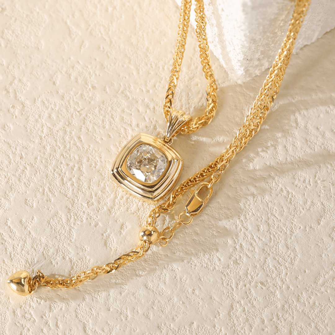 18K Yellow Gold 4ct Old Mine Cut Lab Diamond Flat - topped Stepped Pyramid Pendant Necklace - FIORESE JEWELRY