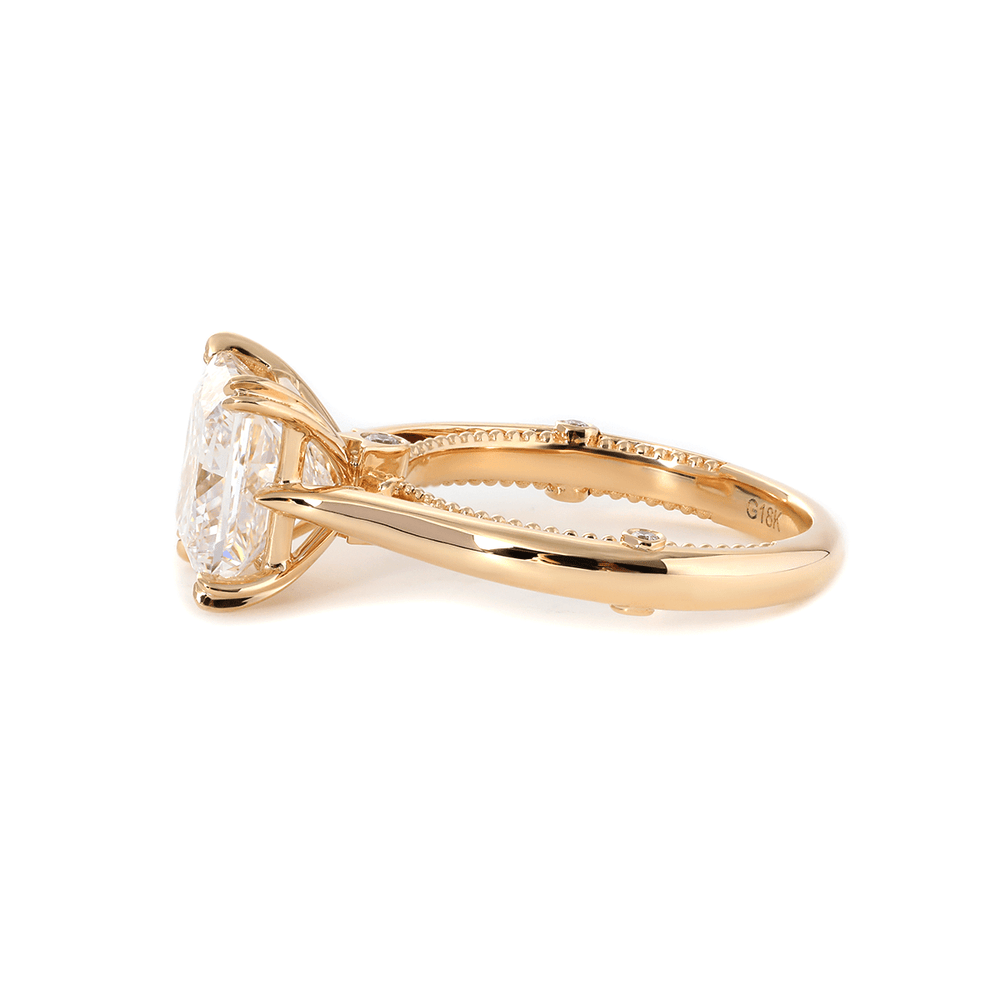 18K Yellow Gold 4ct Princess Cut Lab Diamond Double Claw Prongs Vintage Millegrain Ring – Art Nouveau Nature - Inspired Design - FIORESE JEWELRY
