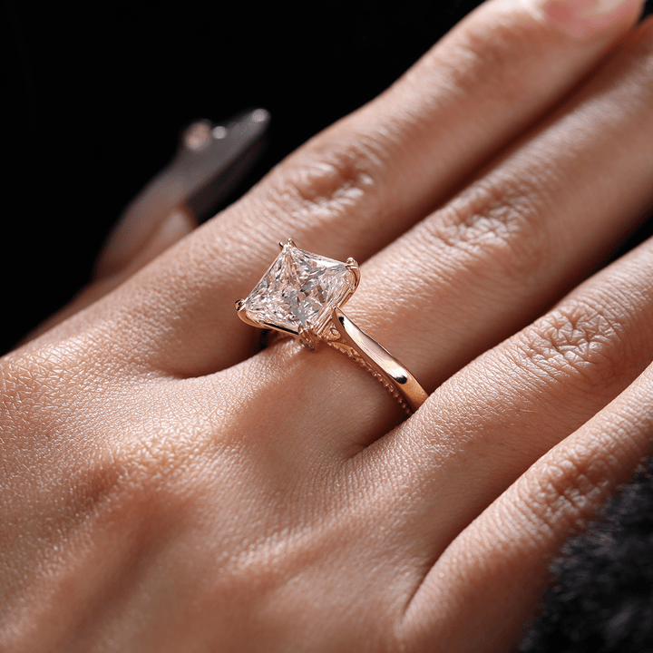 18K Yellow Gold 4ct Princess Cut Lab Diamond Double Claw Prongs Vintage Millegrain Ring – Art Nouveau Nature - Inspired Design - FIORESE JEWELRY